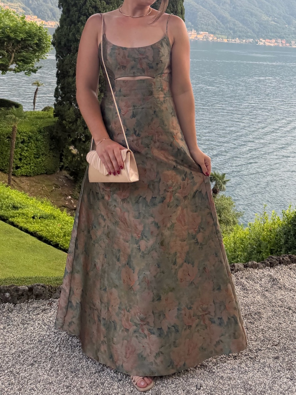 Azazie Olive and Blush Floral Maxi Dress with Cutout Detail